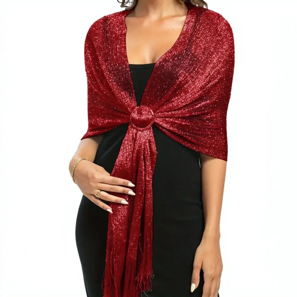 Women Metallic Fringe Scarf Shimmer Shawl Beach Cover Up Lightweight Glitter Wrap For Wedding Evening Party Dress Accessory