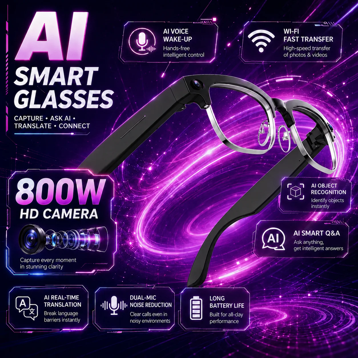 Audio Music Recognition - AIスマート翻訳メガネW630、8MP HDカメラ搭載、ビデオ・オーディオ録画、アウトドアサングラス、BT通話対応ウェアラブルヘッドセット