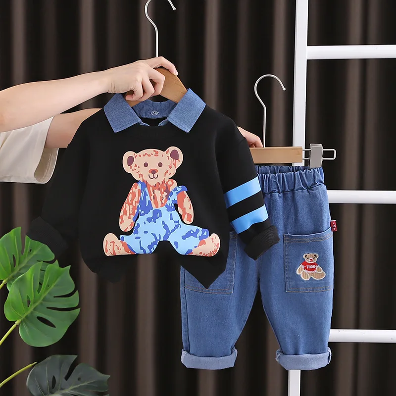 Infant Boys Two Piece Clothes Set Colorful Bear Print Contrast Denim Collar Sweat Top Elastic Waist Cuffed Denim Pants Suit