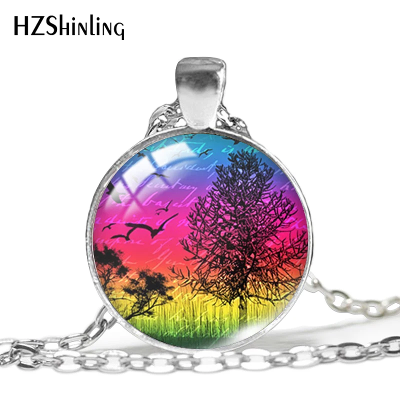 2023 New Fashion Pendant Glass Cabochon Tree Silhouettes Bird Necklace Color Trees Jewelry Man Fashion Bronze Pendant Necklaces