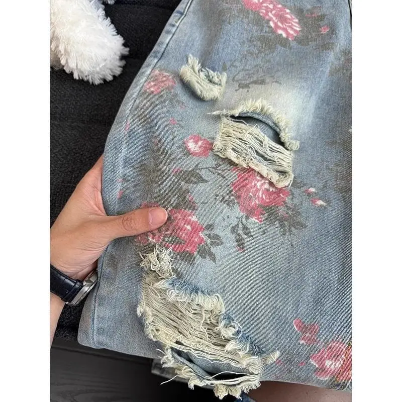Rose bedrukte jeans met gaten voor dames zomer Amerikaanse vintage trendy high street micro flare broek met rechte pijpen unisex Y2k broek