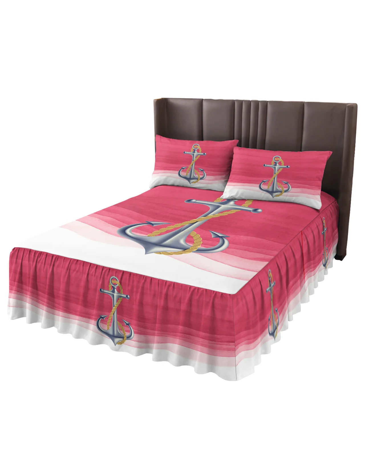 Ocean Gradual Anchor Rose Red Bed Skirt Elastic Fitted Bedspread With Pillowcases Mattress Cover Bedding Set Bed Sheet