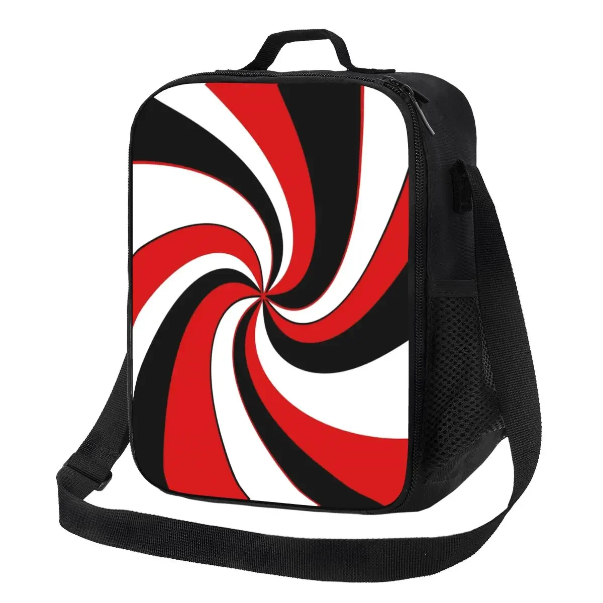 Red Black And White Twist Portable Lunch Boxes for Women Abstract Geometric Cooler Thermal Food Insulated Lunch Bag School