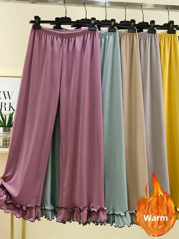 

Thiened Fce Повседневные брюки на подкладке Женские зимние теплые домашние брюки Свободный крой Длинные брюки с высокой талией Чистый цвет плюс размер