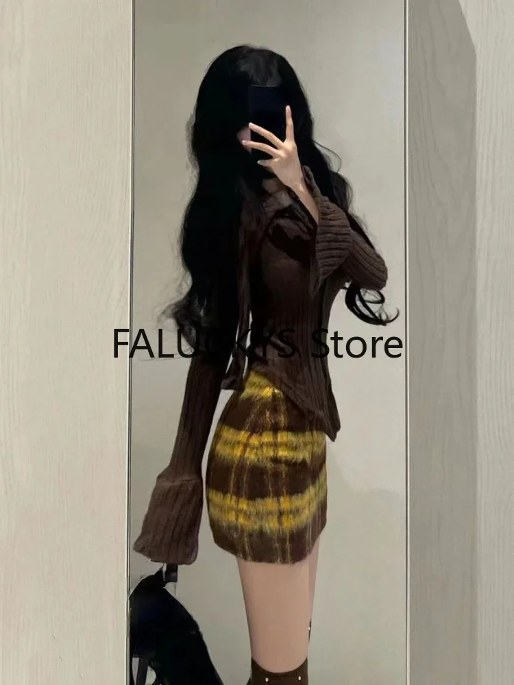 2023 Winter Vintage 2 Piece Set Office Lady Casual Outwaer Mini Skirt + Women Evening Party Slim Sexy Y2k Blouse Korean Fashion