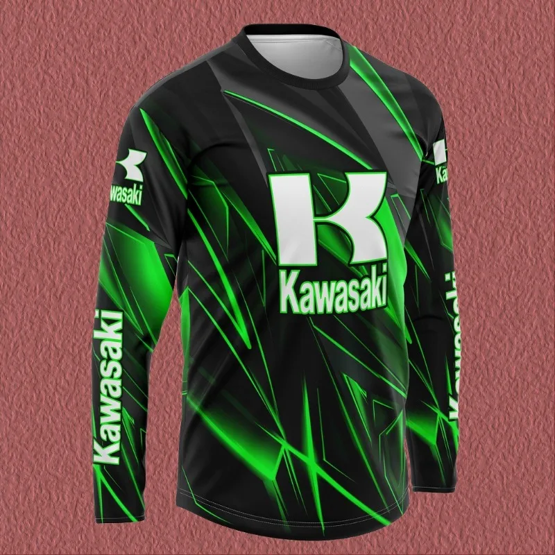 

MOTO-Men Long Sleeves T Shirt Kawasaki Motorcycle Logo Graphic 3D Print Fashion Breathable Sun Protection Clothes Cool Tops