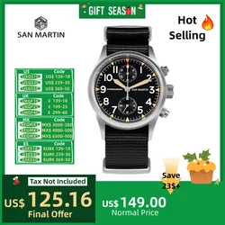 San Martin 37mm VK6130 Quartz Chronograph Watch Retro Military Wristwatch Sandblasted Steel Case Luminous Sapphire 10Bar SN0120