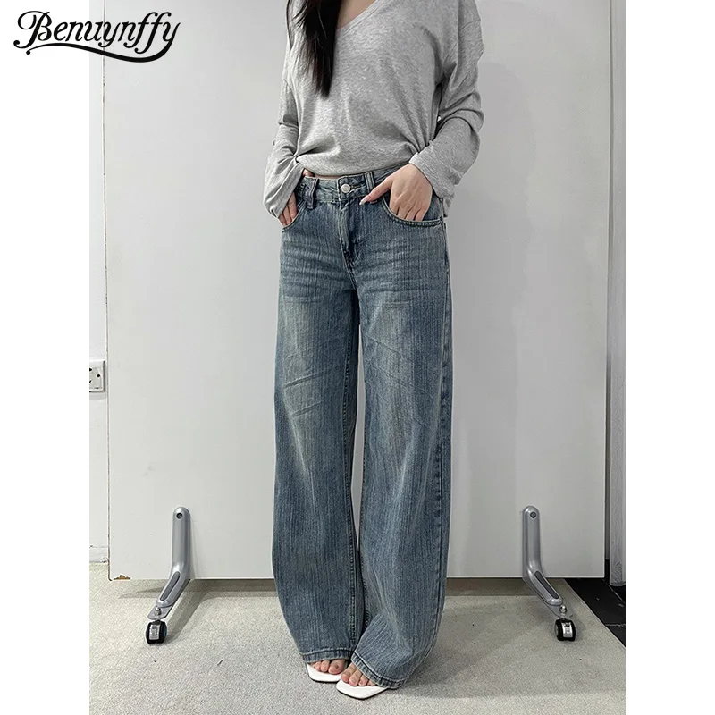 

Benuynffy Vintage Washed Blue Loose Jeans Women 2026 Spring Summer New Korean Fashion Low Waist Female Straight Leg Denim Pants