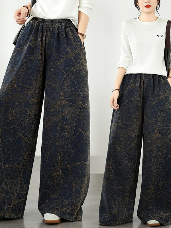 Retro Embossed Flocking Denim Wide Leg Pants Women's Loose plus Size Elastic Slimming Casual Trousers High Waist Cotton Polye...