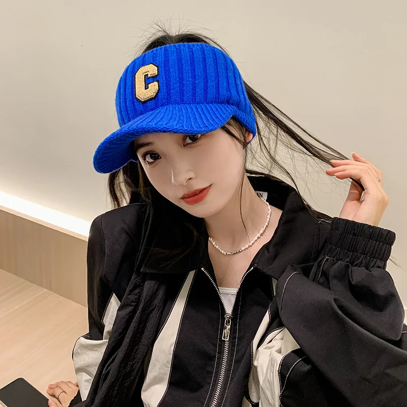 Trendy C Letter Embroidery Winter Ear Protection Warm Female Empty Top Hat Wool Knitted Fashion Spring Sunshade Peaked Cap