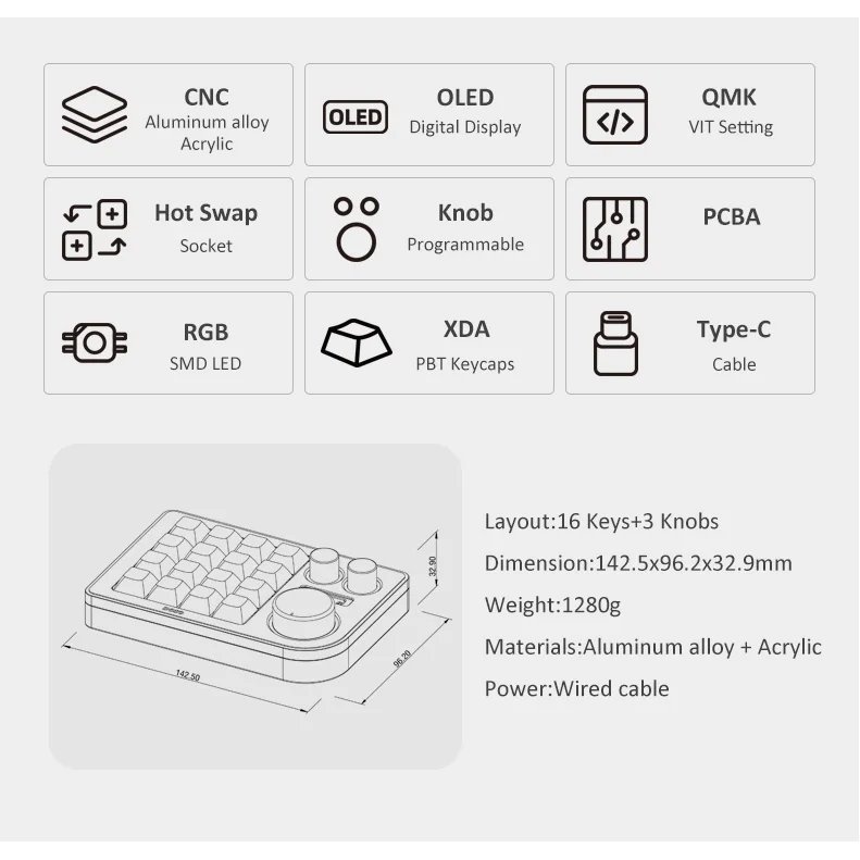 DOIO Mini Keyboard 16 Keys Knob Controller Customized QMK VIA KB16-01 Designer Keypad Small Keyboard