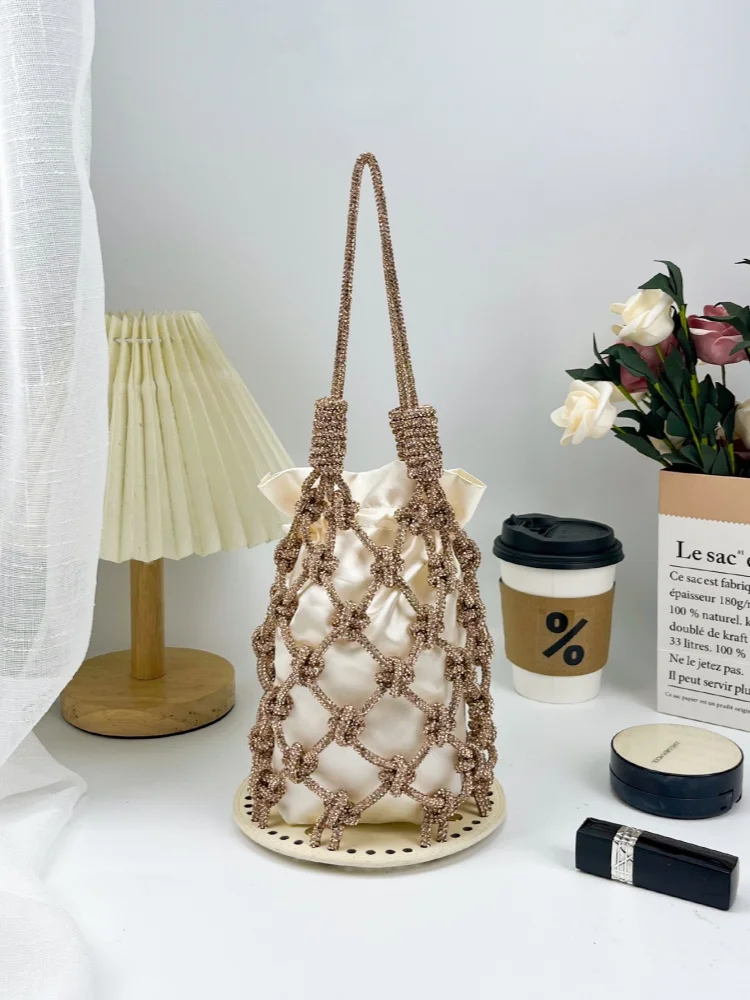 

Сумка-ведро в французском стиле с блестящими стразами, ручной работы, плетеная, ажурная, для отпуска, путешествий, пляжа