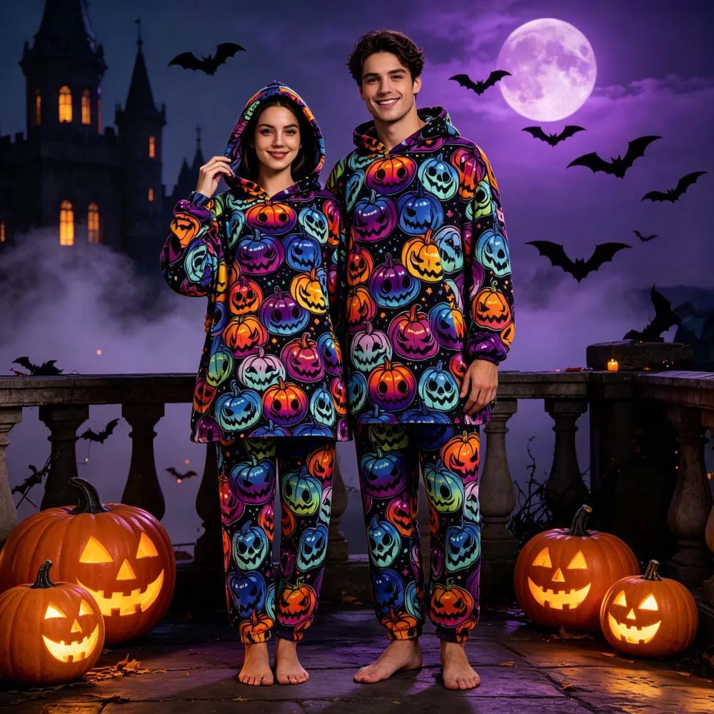 Halloween Skull Pumpkin Cosplay Costume Couple Matching Hooded Coral Fleece Pajamas Warm Cozy Nightwear Holiday Party Costume