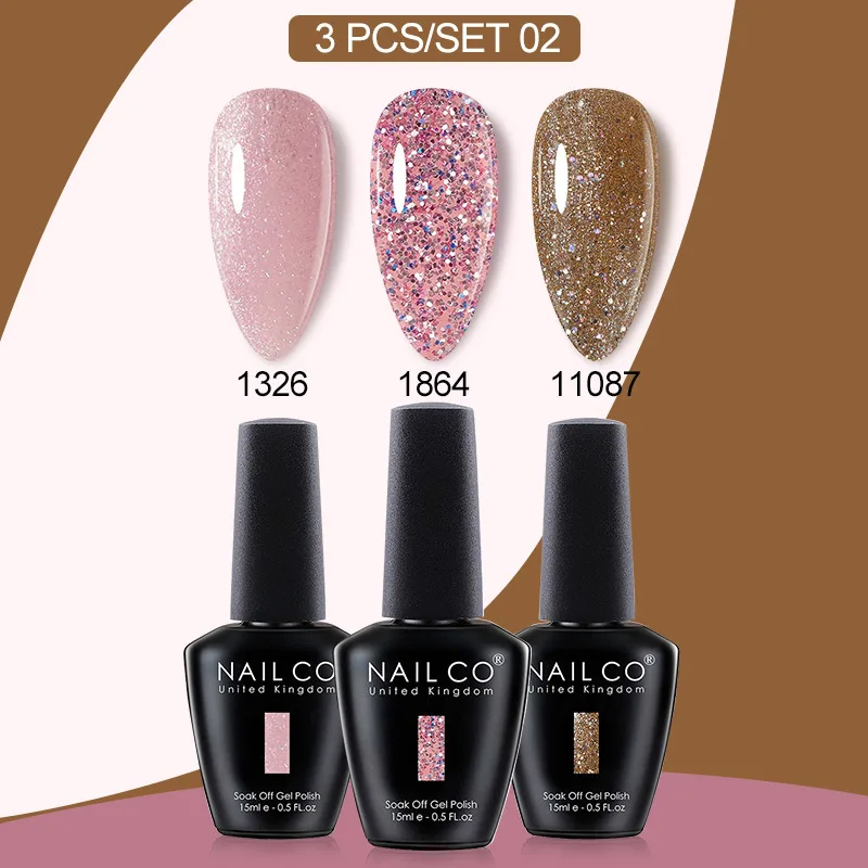 NAILCO 3 ชิ้น/เซ็ตสีเจลยาทาเล็บอุปกรณ์ทำเล็บกึ่งถาวรแช่เล็บเจลอาร์ตเคลือบเงาแต่งเล็บสำหรับเล็บ 15 มิลลิลิตร