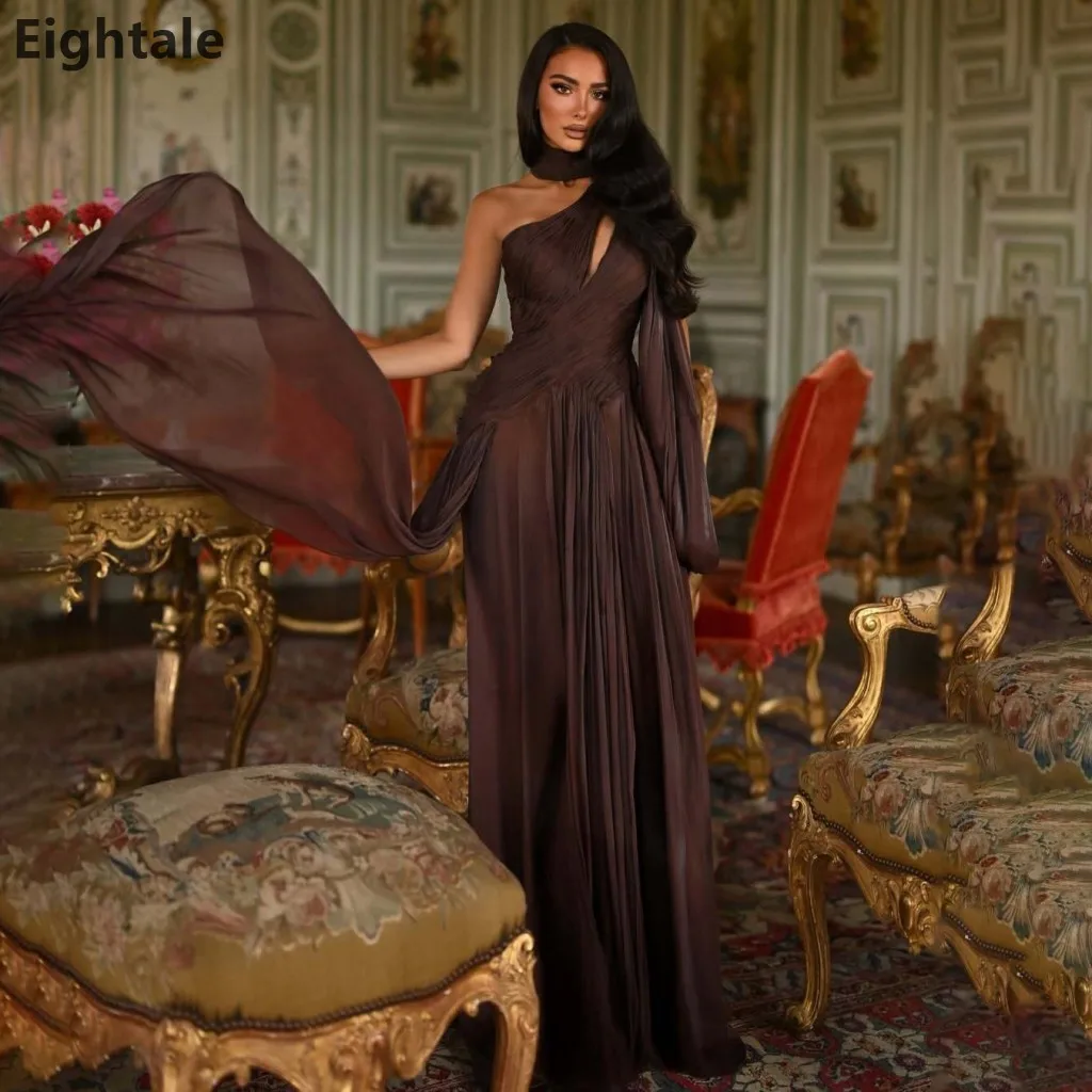 

Eightale 2025 One Shoulder Brown A Line Silk Chiffon Maxi Evening Dress Wedding Formal Prom Dress Dubai Party Gown Customized