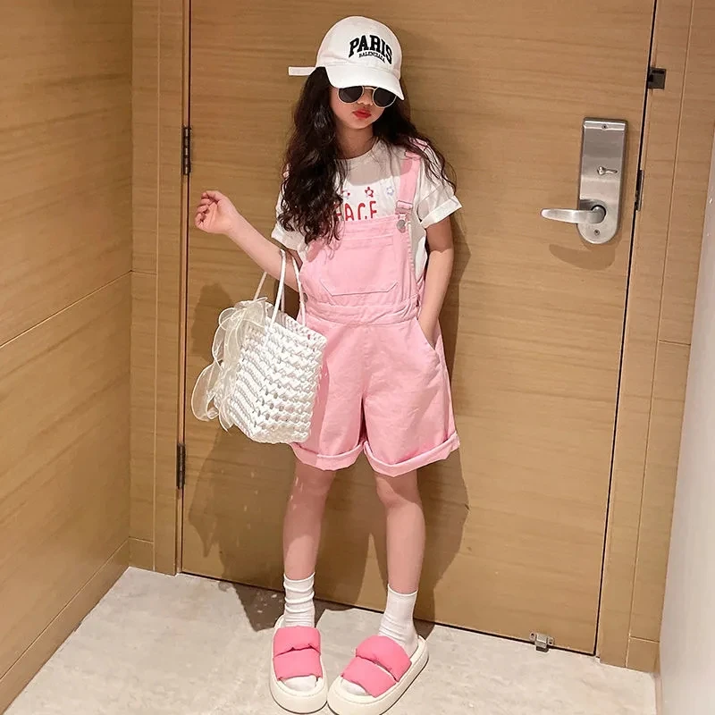 Fashion Casual Style Girls Overalls Summer Cotton Breathable Girls Suspender Shorts Middle Large Child Loose Comfortable Shorts