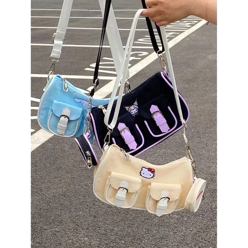 Kawaii Woman Shoulder Bag Cartoon Hello Kitty Kuromi Cinnamoroll Handbags Oxford Crossbody Bags Harajuku Style Underarm Bag y2k