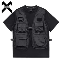 Techwear Tactical T-Shirt Mens Fake two Pieces Functional T Shirt 2025 Summer Streetwear Harajuku Tshirt Black Tees Tops