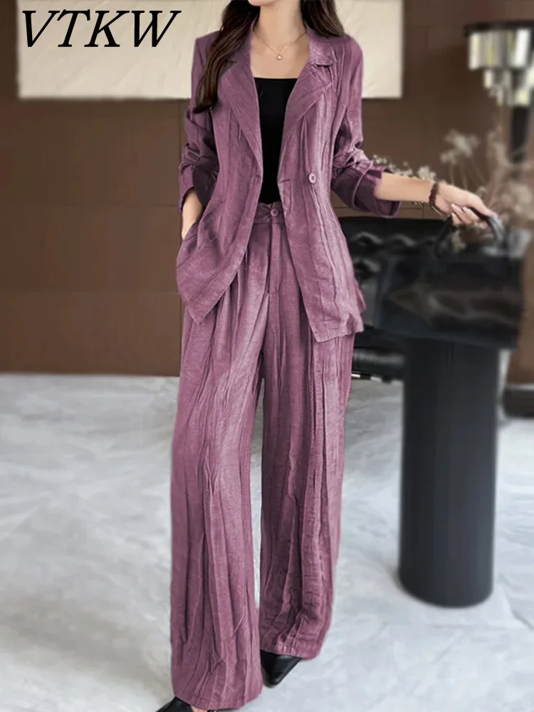 

VTKW Rice Fiber Textured Slant-cut Slim-fit 2025 Spring New Purchase High-quality Women's Blazer Simple Versatile Long Pants Set