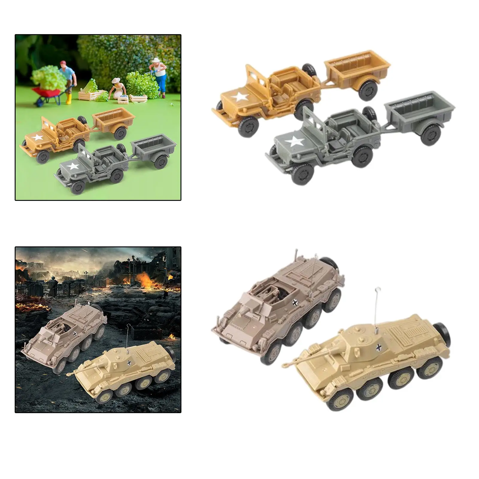 4x Armoured Tank Trailer /72 Scale Model Kit Toy Playset Desk Decor