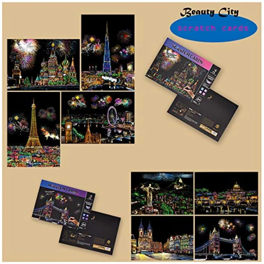 Scratch Painting andScratch Cards A4 for and Adults, 8pcs Scratch Art for Adults Rainbow Paint by Scratch Paper, Engraving Art