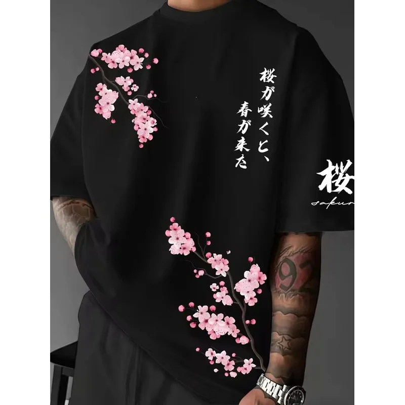 QICHE Loose Polyester Street Tee Men EU Size Japanese Cherry Blossom Print Casual Summer Top