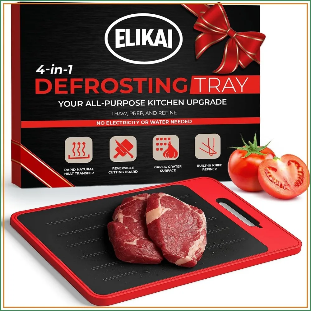 4-in-1 Defrosting Tray with Cutting Board, Garlic Grater & Knife Refiner - Quick Thawing Plate for Frozen Meat, Small Red