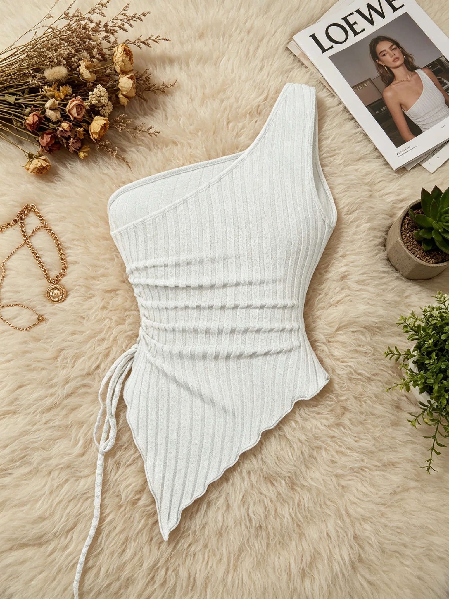 Women One‑Shoulder Metal Buckle Ribbed Knit Cami Top Side Drawstring Ruched Asymmetric Hem Slim Fit Y2K Casual Streetwear Tank T