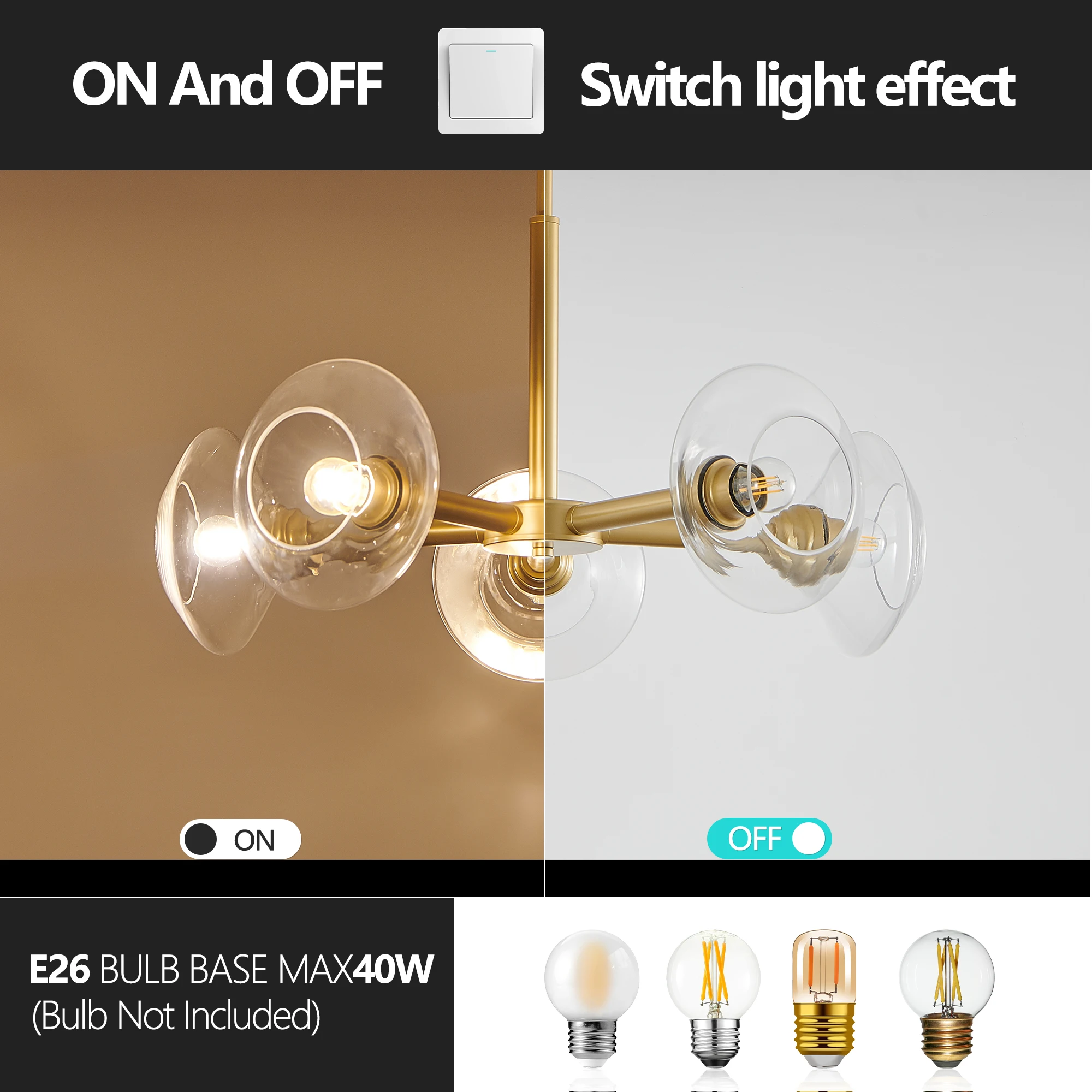 5-Light Modern Gold Chandelier with Clear Glass Shades, Mid-Century Hanging Pendant Light Fixture(Bulb Not Included)