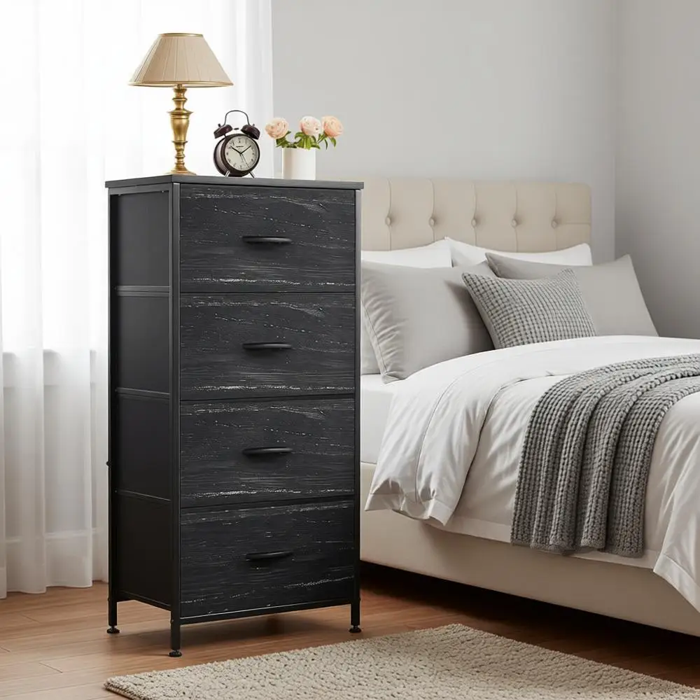 

Прикроватная тумба с 4 ящиками, деревянной столешницей и тканевыми корзинами для спальни, гардеробной, прихожей, общежития, гостиной, угольно-черный цвет