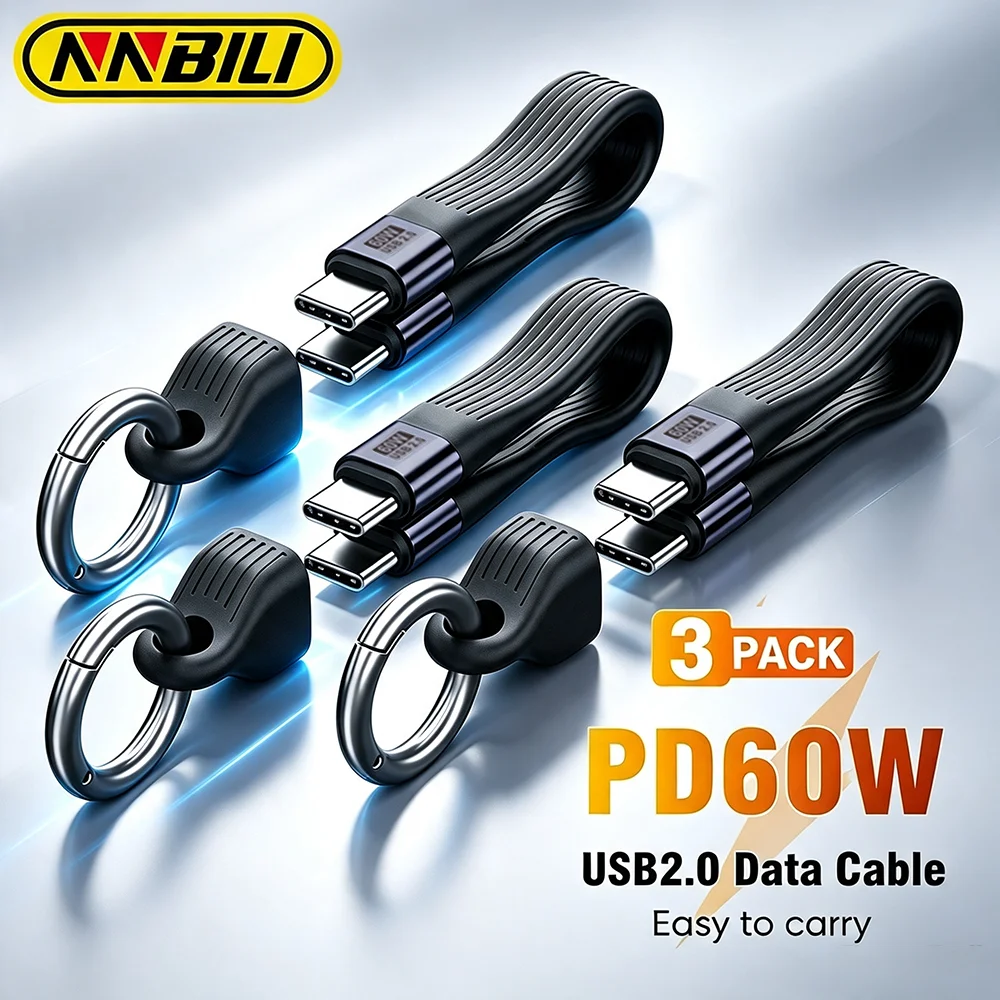 NNBILI 1/3pcs Keychain 60W USB2.0 Short USB Type C To USB C Cable Fast Charging Type C Data Transfer Data Charge Extension Cable