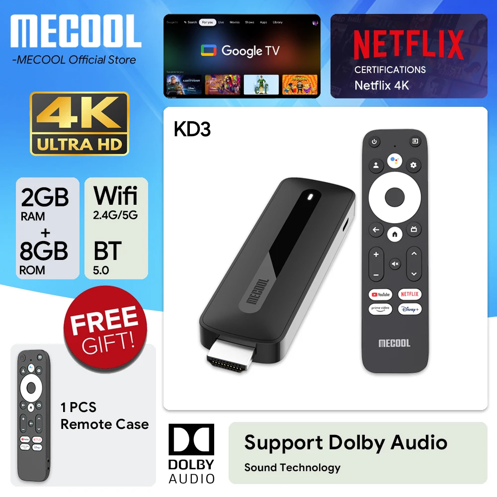 MECOOL KD3 Android 11 TV Stick with Dolby Audio 2+8G Google Certified Google TV Stream Media Receiver Stick Home Media Player