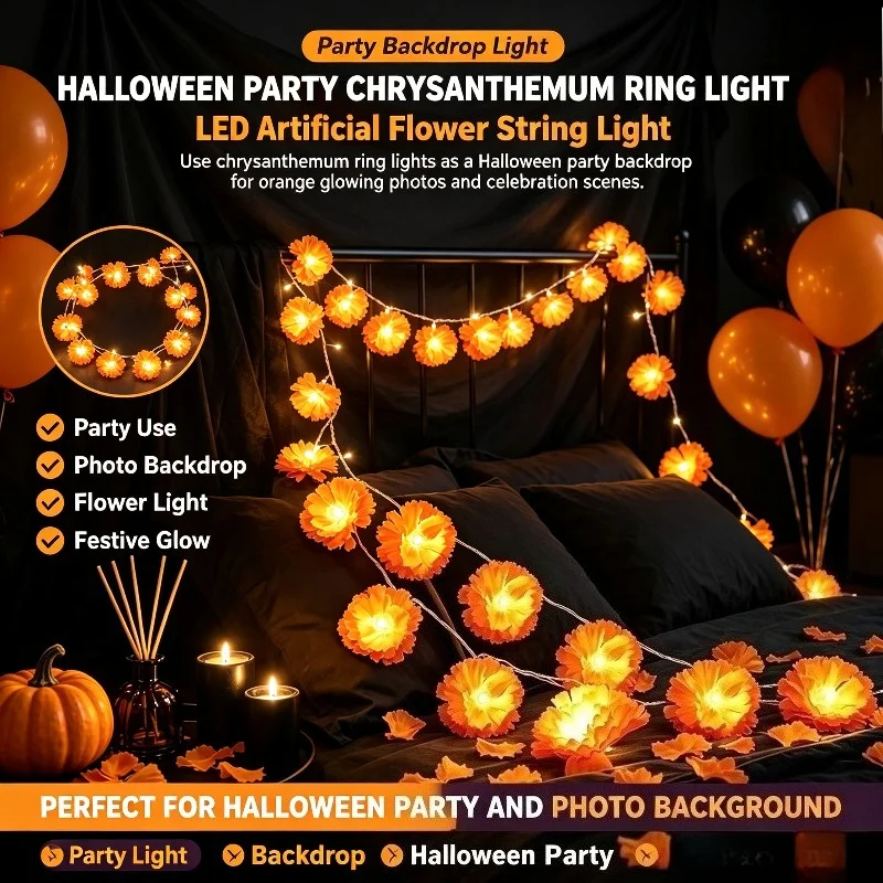 Halloween Chrysanthemum Flower Ring Light String LED Indoor Horror Atmosphere Lighting for Bed Frame Window Hanging Decor