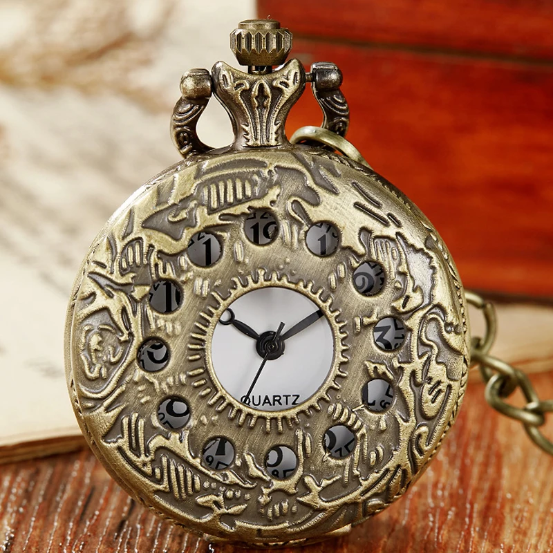 Circle Hollow Flower Carving Quartz Pocket Watch para homens e mulheres, Relógio pingente vintage com colar de corrente