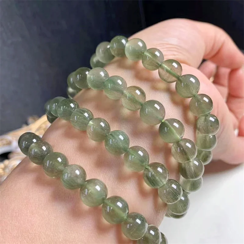 8MM Natural Green Rabbit Hair Quart Bracelet Women Men Genuine Gemstone Round Beads Stretch Crystal Jewelry