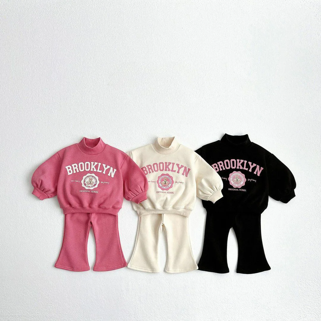 2024 Spring Girl Children Cartoon Print Long Sleeve Tops + Solid Flared Pants 2 Pcs Fashion Baby Letter Cotton Sweatshirt Suit