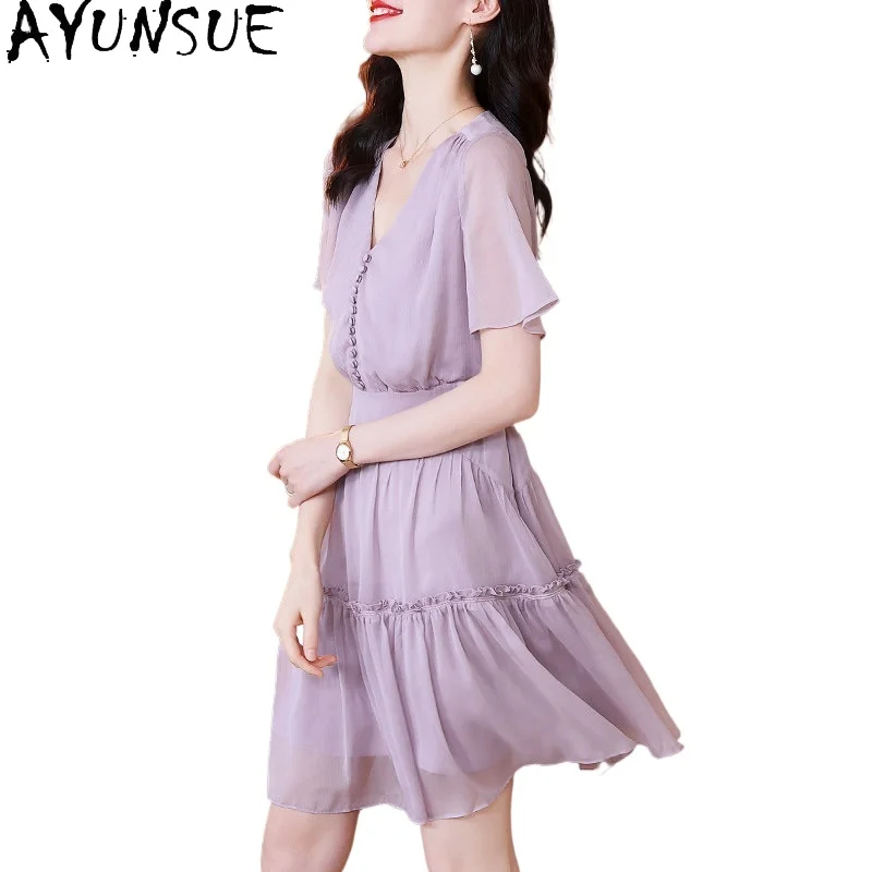 AYUNSUE 100% Natural Mulberry Silk Dress for Women Clothing 2026 Summer Dress Elegant Womens Dresses Solid Color Платье Женское