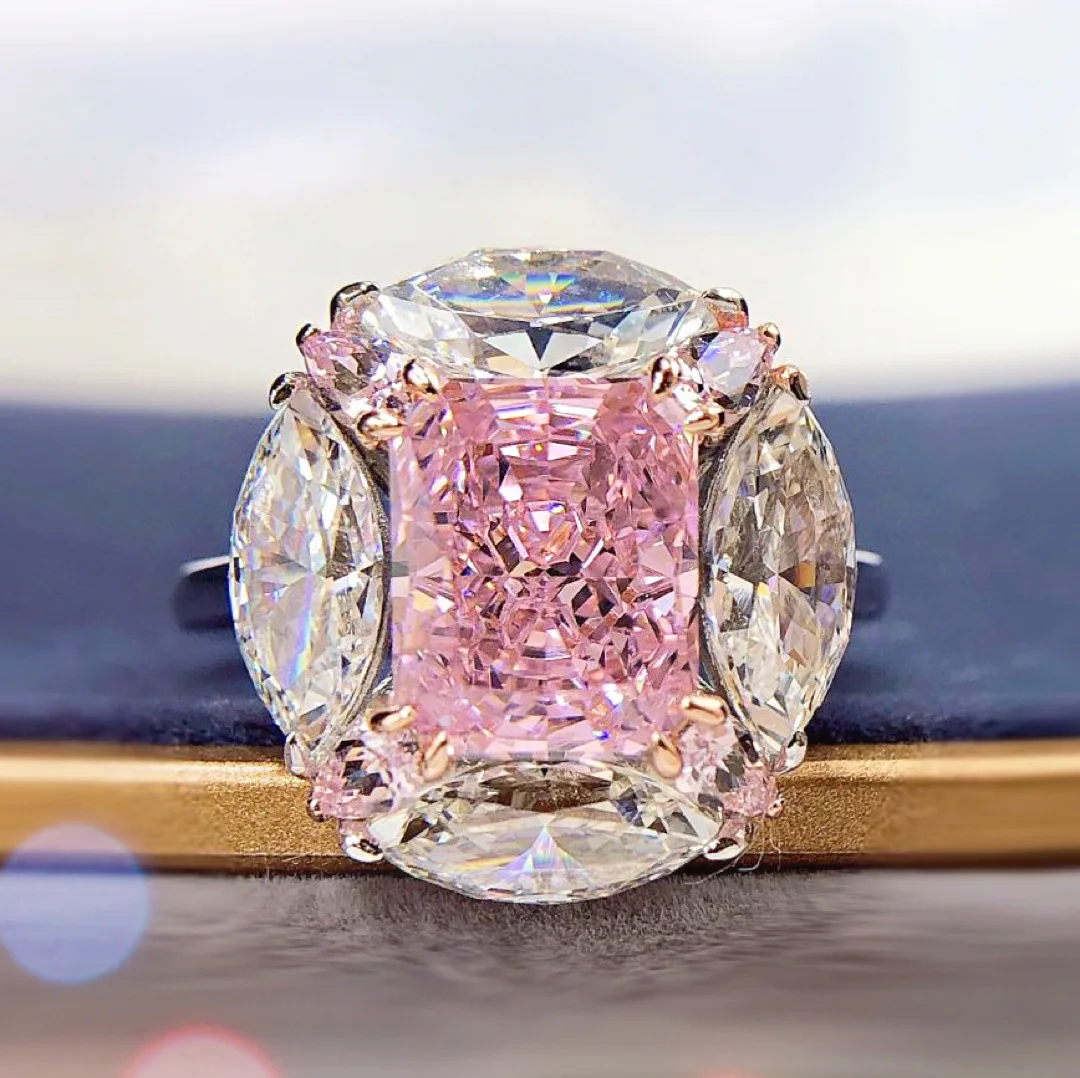 Luxury diamond ring, water drop round diamond ice flower cut 10 carat artificial pink diamond ring for women