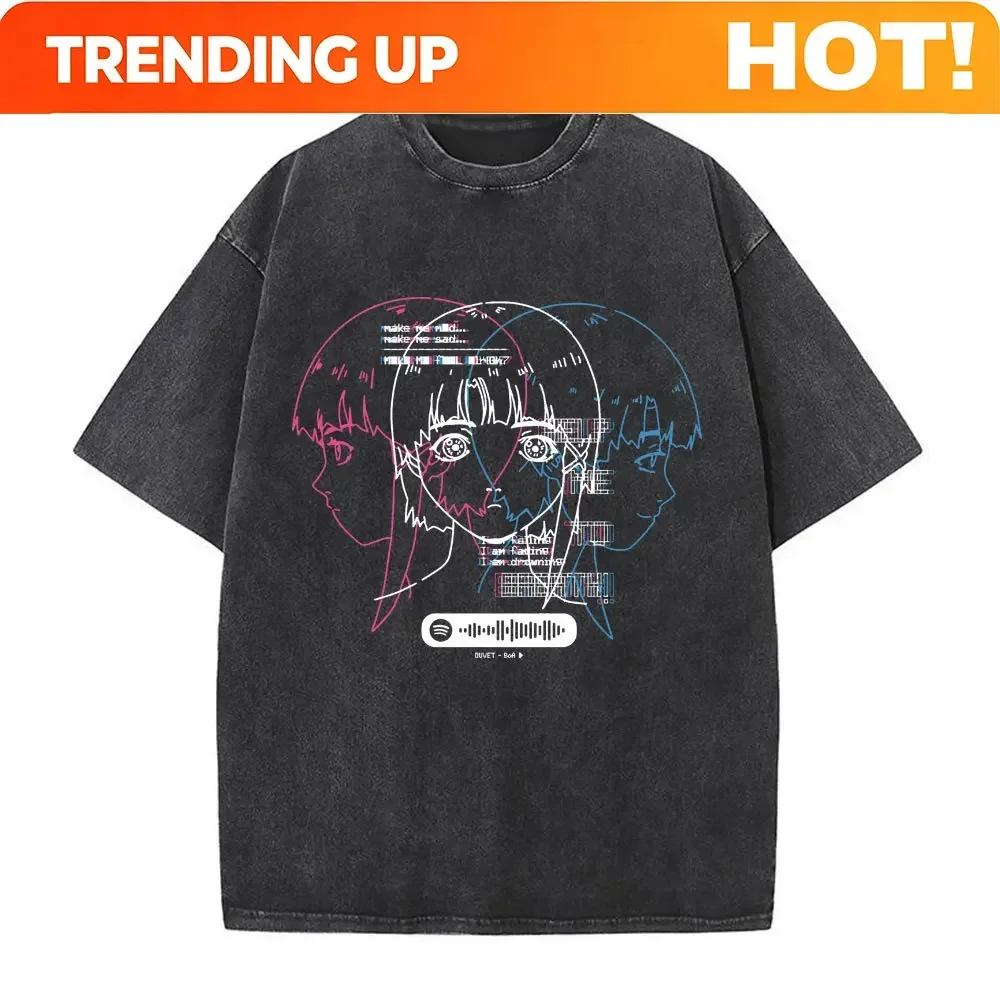 Customization Shirt Serial Experiments Lain Anime Vintage Washed T-Shirt Manga Iwakura Girl Sci Fi Short Sleeve T-shirts 100% Co
