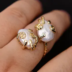 G-G Cultured White Keshi Pearl Coin Pearl Adjustable Rings Gold Plated Copper Metal Ring For Lady