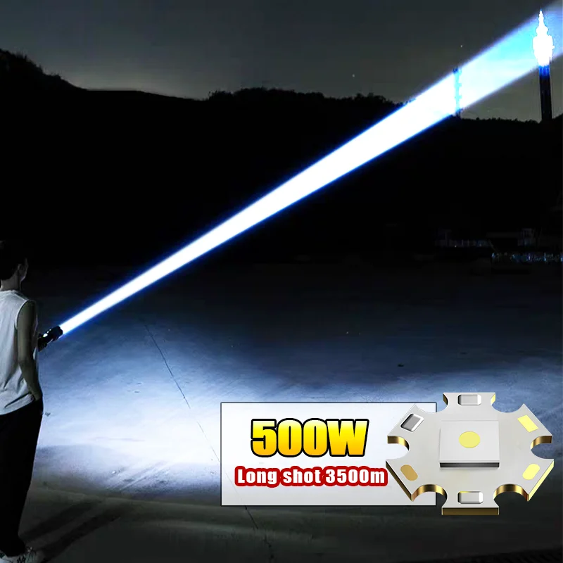 Most Powerful 500W Led Flashlight Strong Light Outdoor Torch Rechargeable 5000mAh High Power Flashlight Light Super Bright Light