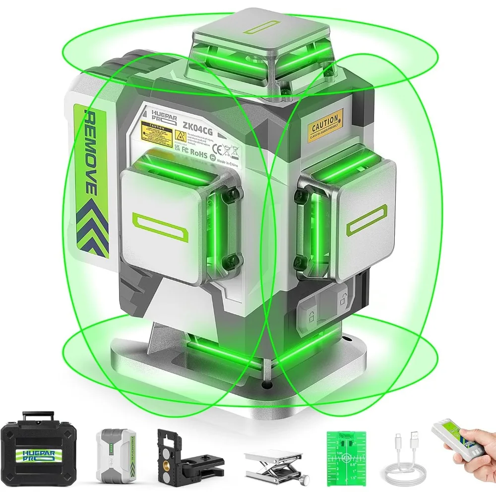 Laser Level, Self Leveling 4 x 360° Green Cross Line Laser Level ,Rechargeable Li-ion Battery, Remote Controller&Hard Carry Case