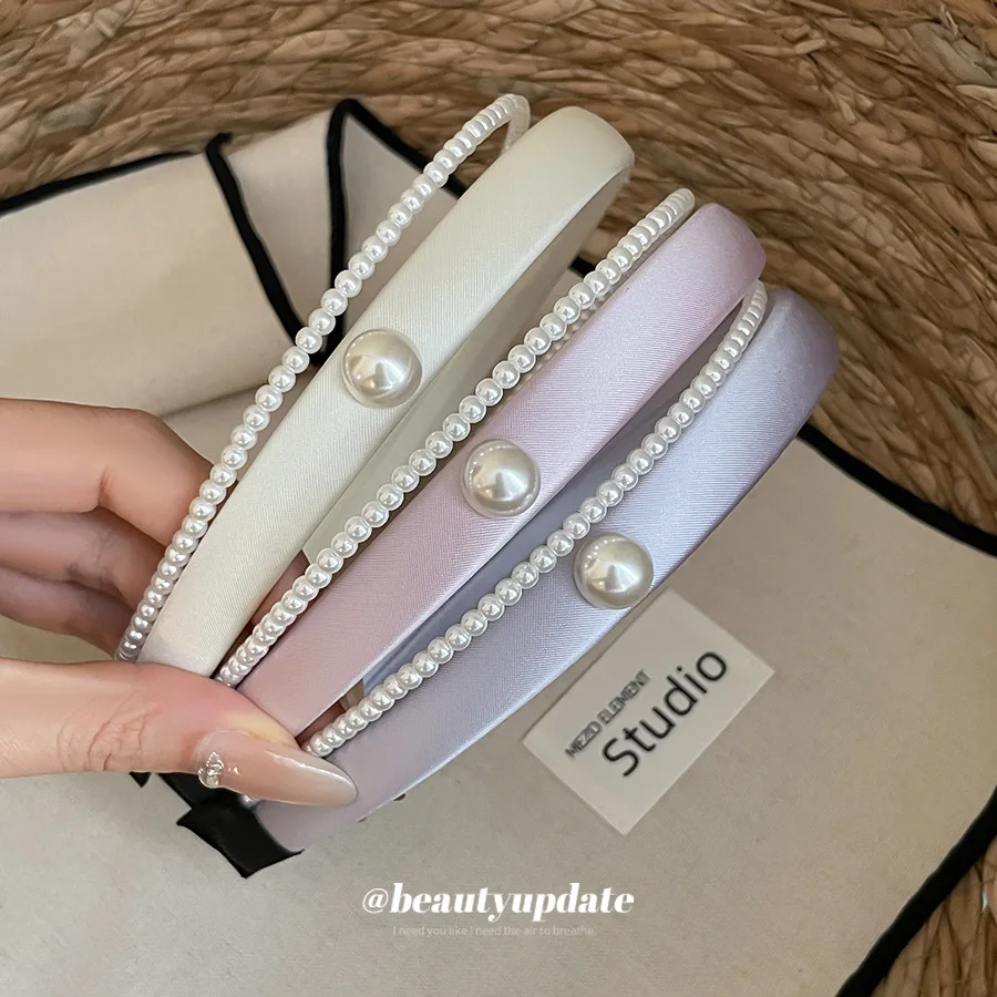 Sweet Pastel Color Beaded Edge Hairband Pearl Accent Wide Headband Elegant French Style Daily Headwear Hair Accessory