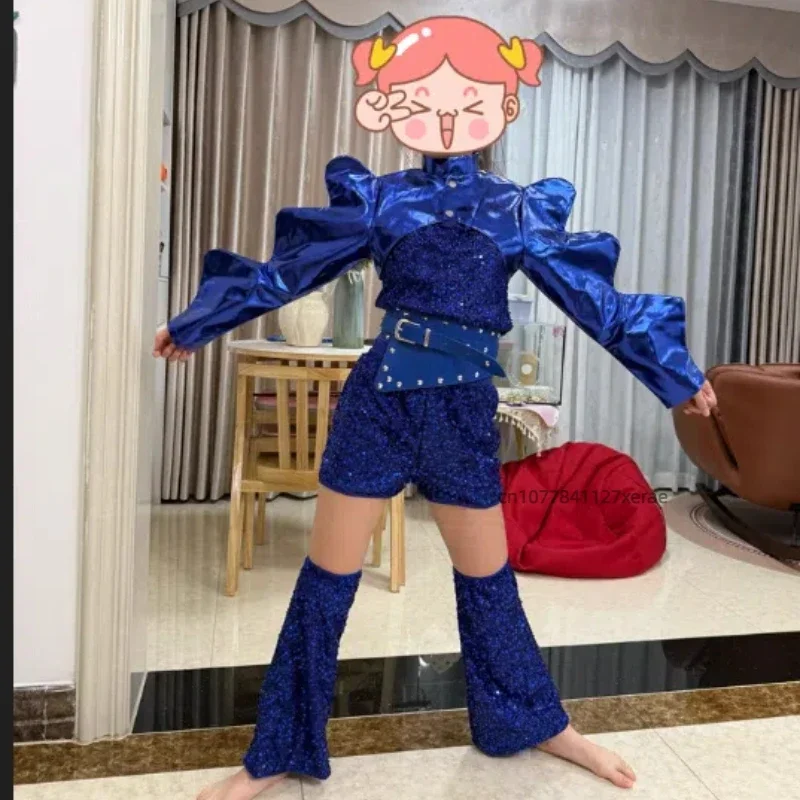 الفتيات أزياء الترتر شارع الرقص مجموعة الفتيات المدرج مرحلة الأداء الأزرق دعوى الأطفال رقص الجاز الترتر زي محب