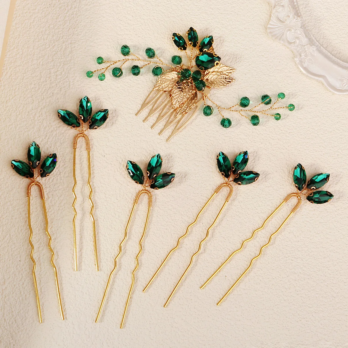 Mode Grün Haar Kamm & Pin Set Strass Kristall Haar Clip Kopfschmuck Braut Hochzeit Schmuck Zubehör Brautjungfer Geschenk – Detail 3