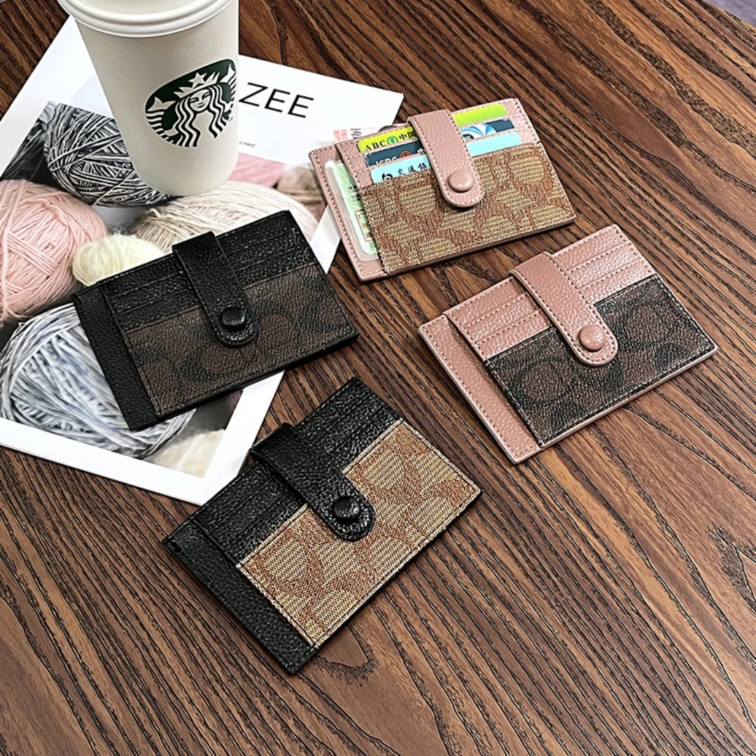 Vintage Print Small Card Holder for Women Color Block PU Leather Wallet with Snap Button Multi Slot ID Case for Daily Travel