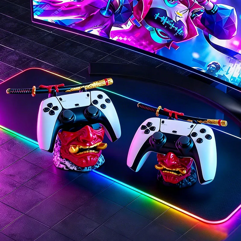 Cool Red Oni Mask Resin Game Controller Holder Samurai Sword Stand for PS5 Xbox Gaming Room Bedroom Desktop Tabletop Decoration view 3