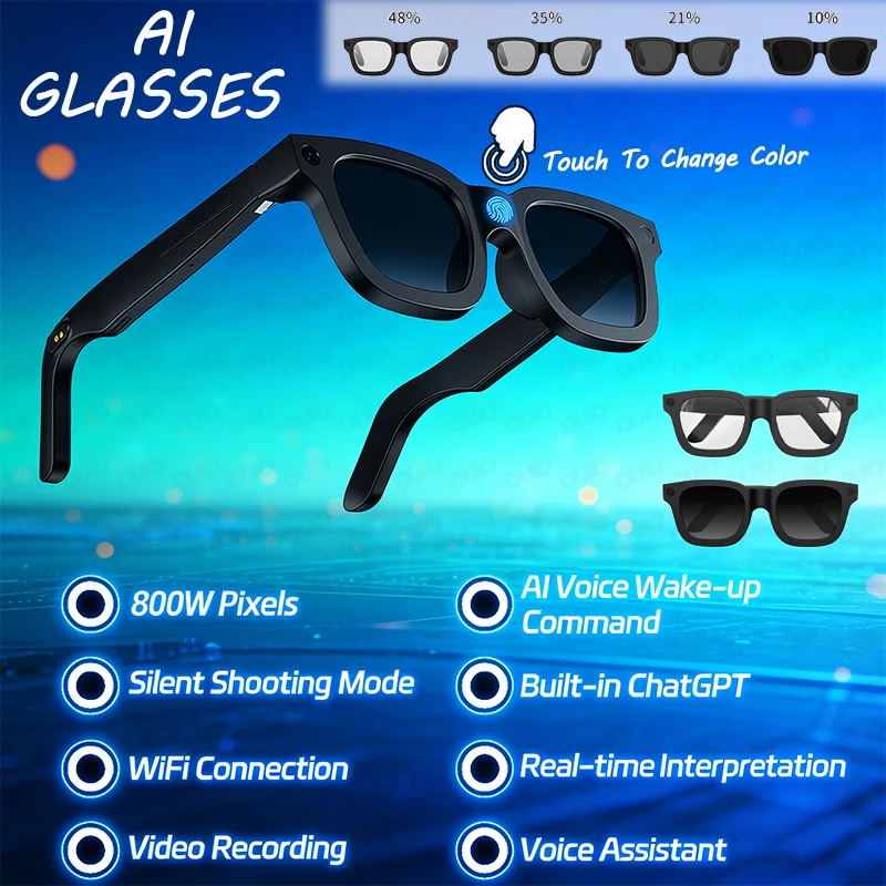 

Умные очки 2026: HD фото и видео, запись и перевод с OpenAI, музыка, сенсорное управление, фотохромные линзы, многофункциональные, Bluetooth-вызовы