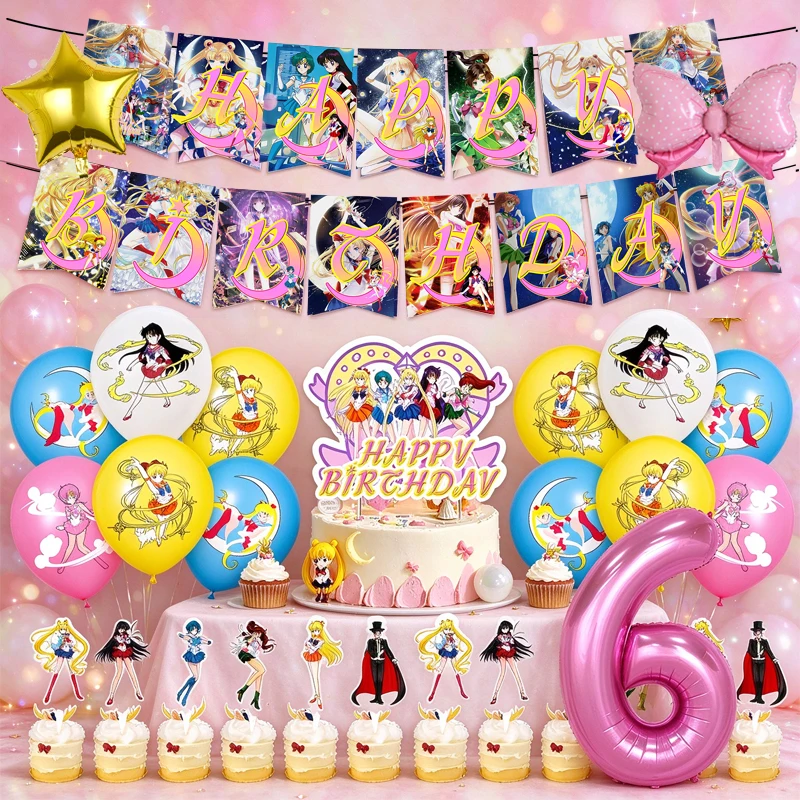 Sailor Moon‌ Birthday Party Decoration Kit Kawaii Girls Favors 1-9 Number Foil Balloon Sailor Moon‌ Cake Topper Baby Shower
