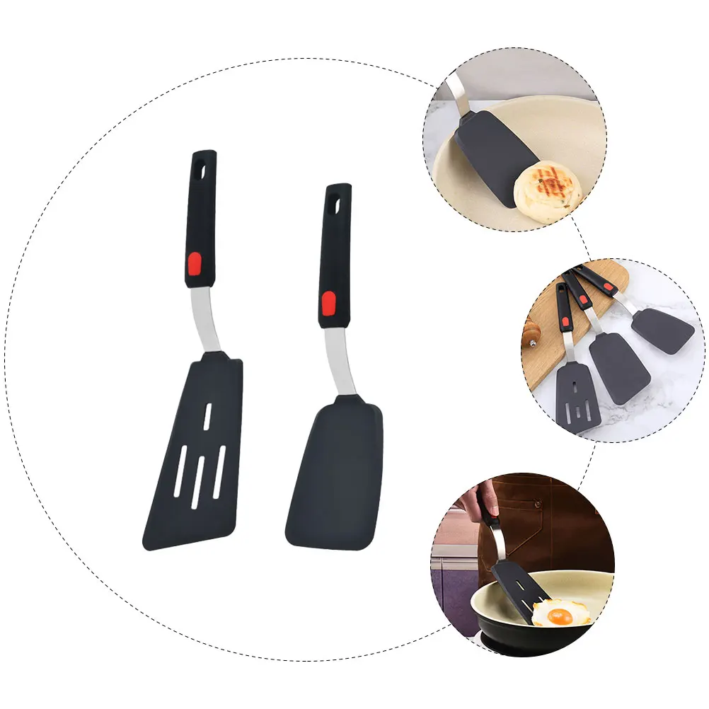 

2pcs Silicone Set Kitchen Utensils Non-Stick Heat Resistant Ergonomic Long Handle Slotted Food Turner For Home Restaurant Use